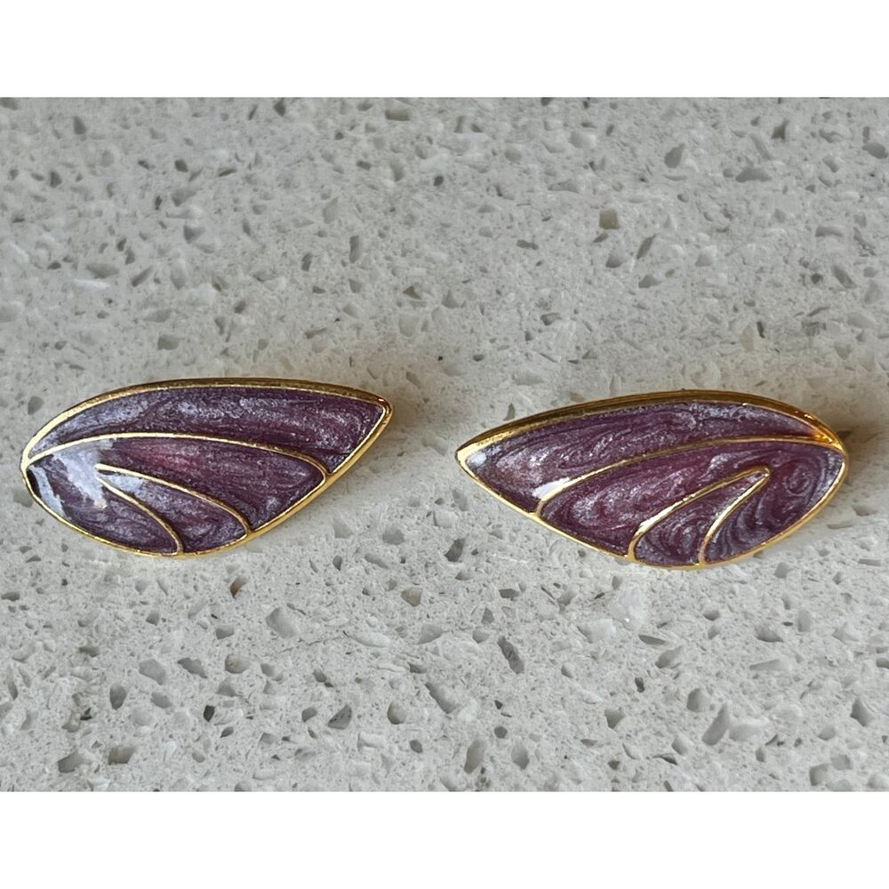 Vintage Gold-Tone & Purple Marbled Clip-On Leaf Earrings